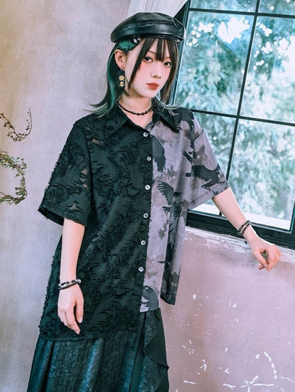 Gothic Crow-Print Asymmetric Shirt in Black & White - Quirky Hut