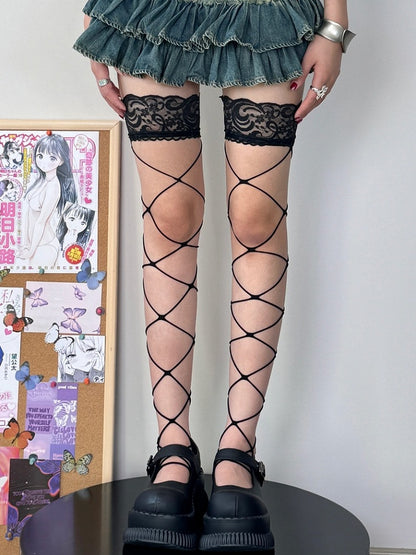 トリムデザイン オーバーニー ブラック フィッシュネット ストッキング レース