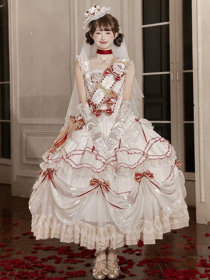 Cake Dress Lolita Embroidered Red White Cherry Hime with Bows Ruffled Multi-Layered