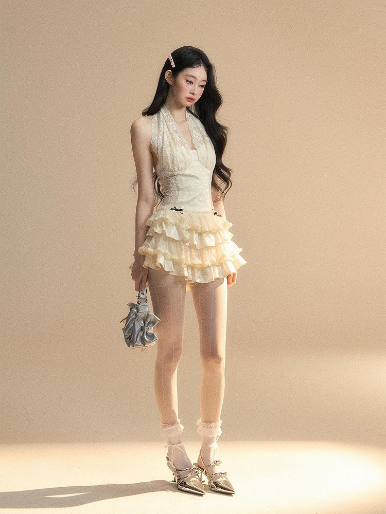 Dress Apricot Halter Neck Contrast Lace Patches Tiered Ruffles