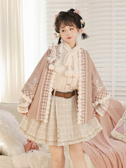 Hanfu-Style Fuzzy Long Sleeve Blouse with Pink Rabbit Embroidered Coat and Pleated Mini Skirt Set - Han Ru Chu Hanfu &amp; Han-Element Studi