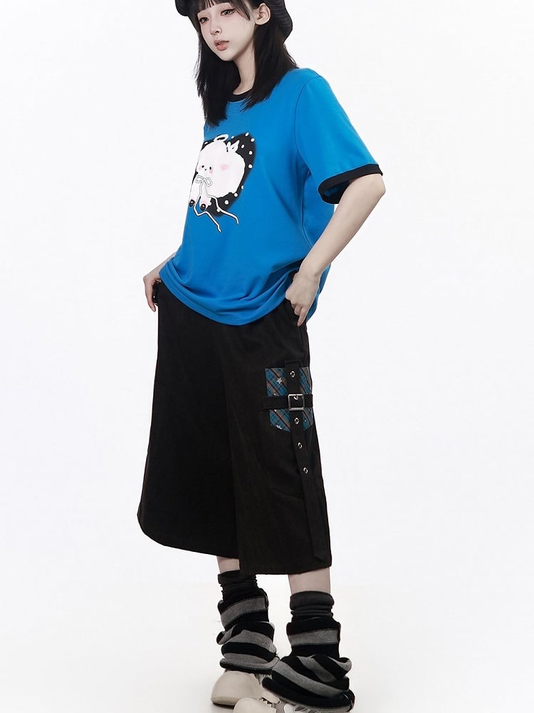 Black Faux Denim Cropped Wide-Leg Trousers with Metal Buckle Straps - PINK SAVIOR