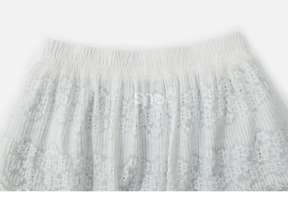 Blau-weißer Mori Kei-Rock mit hoher Taille und Patchwork-Karomuster