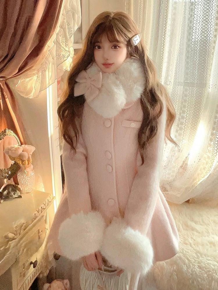 Detachable Coat Bow Oversized Fur Faux Pink With