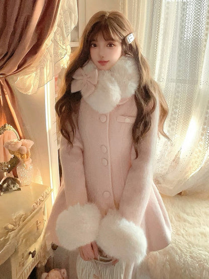 Detachable Coat Bow Oversized Fur Faux Pink With