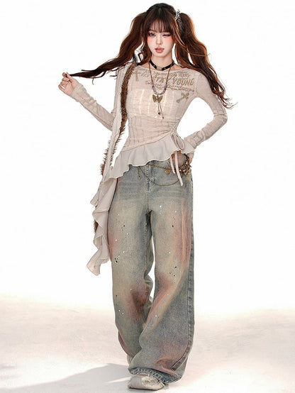 Black/Apricot Drawstring Waist Slim Fit Top with Asymmetrical Ruffle Hem