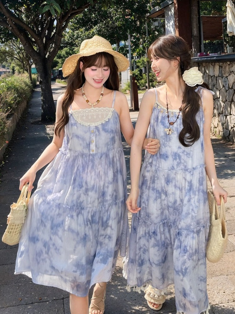 Halter Neck Tie Patches Blue Chiffon Dress Slip Beaded Loose Dye Lace Chain