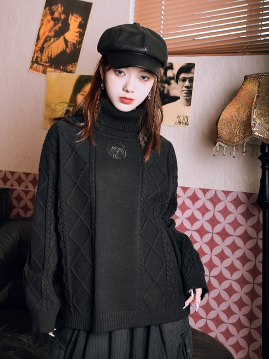 Cheongsam Black Turtleneck Gothic Sweater with Knit Embroidery Bird