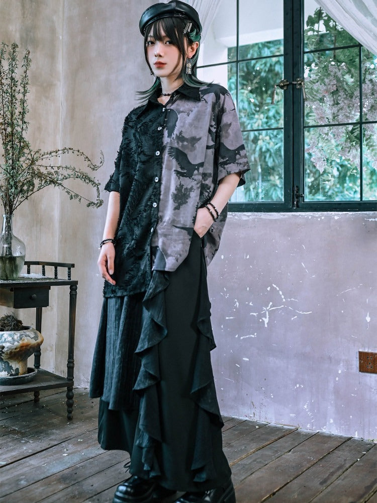 Dark Asymmetric Wide-Leg Pants with Spliced Panels - Quirky Hut