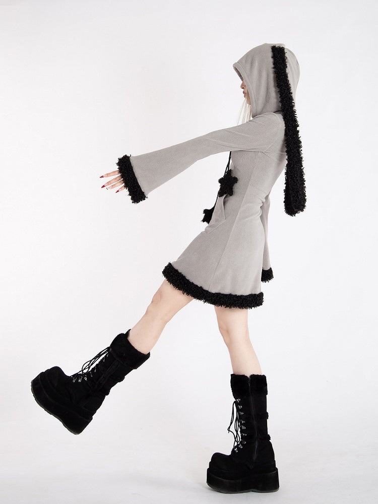 Y2k Gray Bunny Ear Hood Bell Sleeves Plush Trim Dress with Star Straps