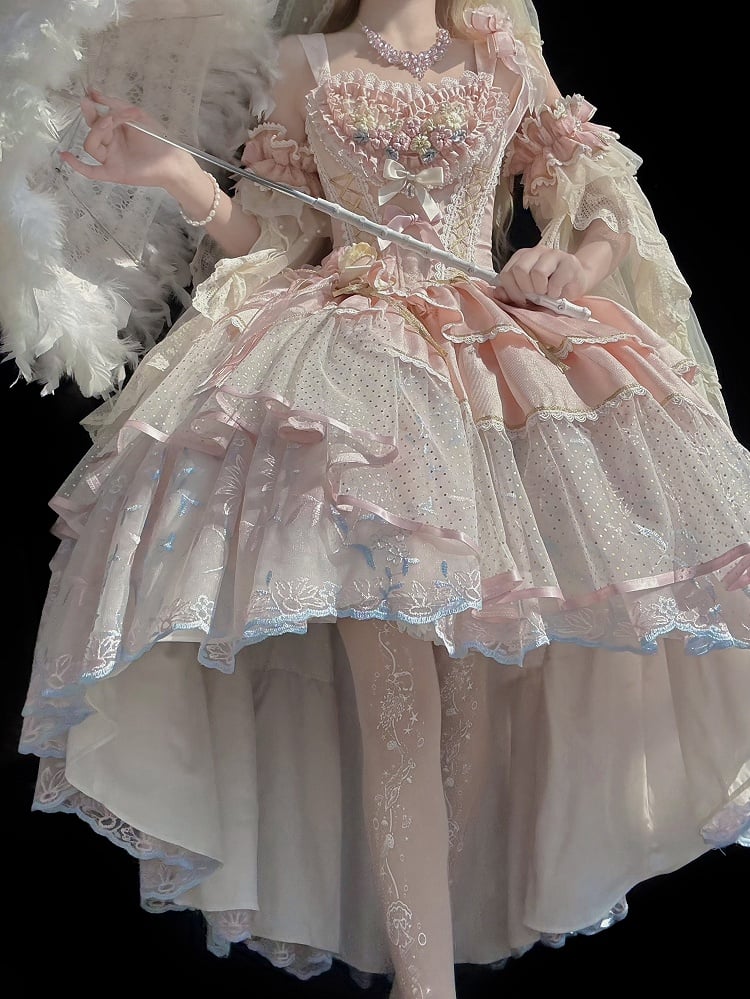 Hem Short Pink Lolita with Embroidery Version High-low Dress Corset Hanayome Floral Waist Layered