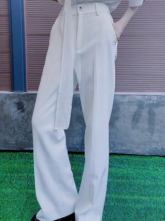 High-waisted Button Ouji with Slight Lolita Fly Zipper Closure White Flare Pants