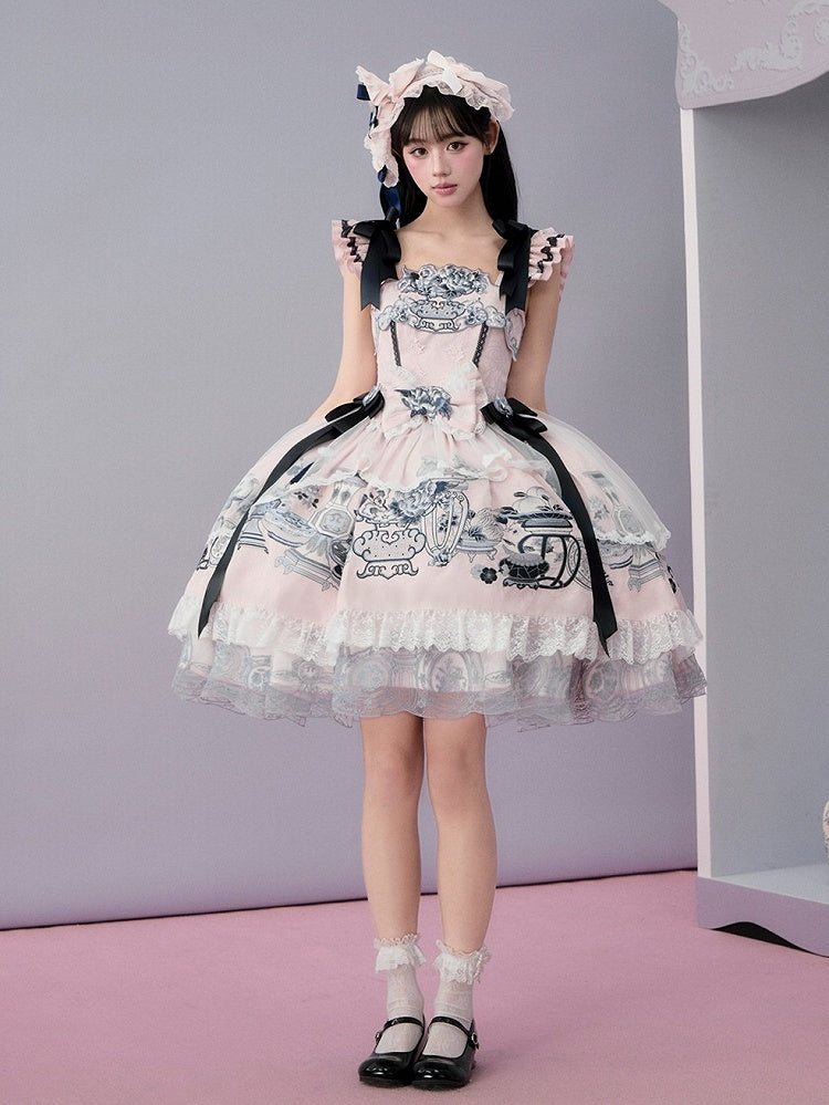 Elegant Pink Porcelain Lolita JSK with Flutter Sleeves & Floral Embroidery - Yimu Walnut