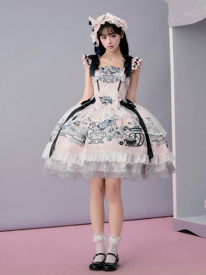 Elegant Pink Porcelain Lolita JSK with Flutter Sleeves & Floral Embroidery - Yimu Walnut