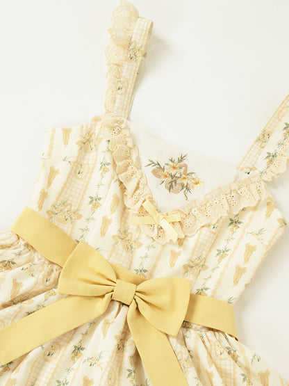 Lily and Cherry Print Yellow Natural Kei Lolita Tiered Dress - With PUJI
