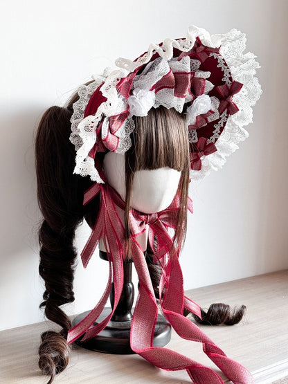 Lolita White Lace-Trimmed Bowknots and Accents Sweet Flower Bonnet Red with