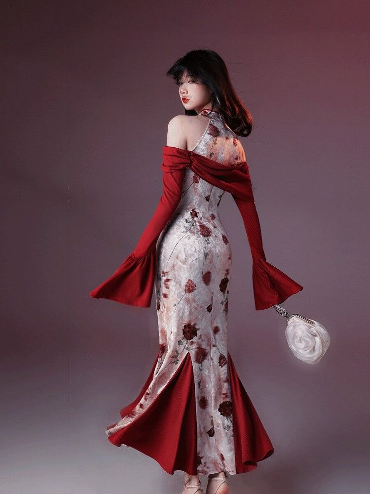 Elegant Long Fish Tail Dress with Rose Print & Cutout Shoulder - sijinstudio