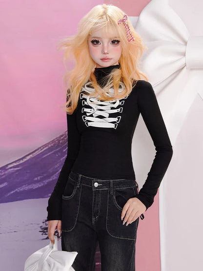 Schwarzes, langärmliges Top mit Schleife und Schnürung