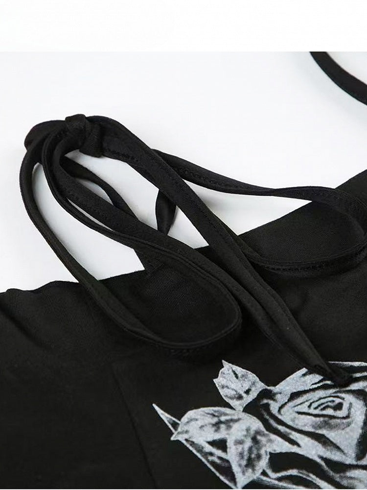 Schulterfreier Ausschnitt, verziert mit floralem schwarzem Strass-T-Shirt-Design Y2K