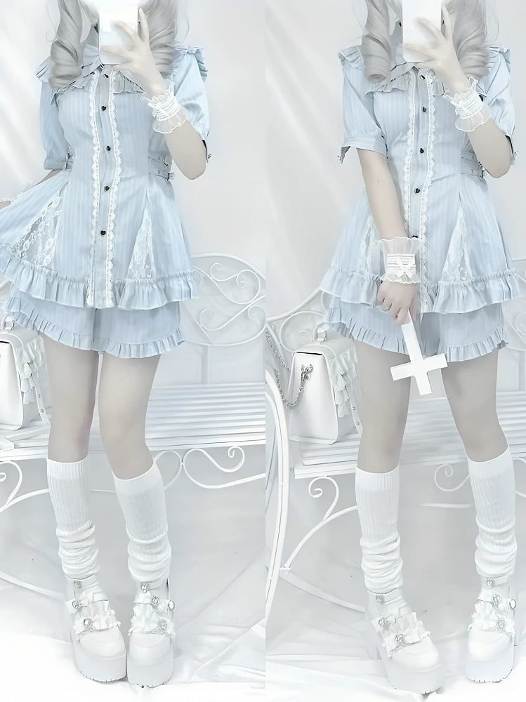 Waist Buckles Jirai Set: Blue Matching with Dress Kei Neckline Illusion Shorts Light