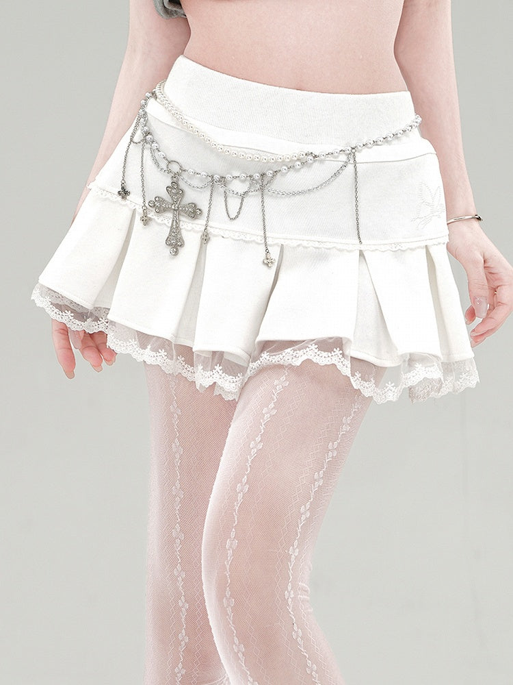 プリーツミニレースアプリコットボックススカートトリム