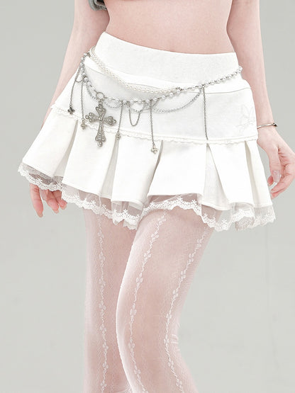 ミニプリーツボックススカート レーストリム アプリコット