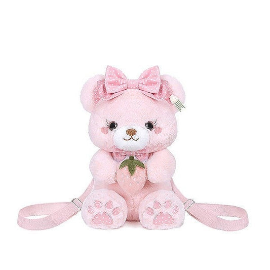 Backpack Daily with Accents Strawberry Pink Kawaii Plush Bow Bear-shaped