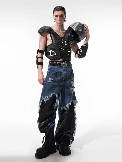 Patchwork - Grungy Blue Men's Black Hem Hand-lettering Raw and Jeans