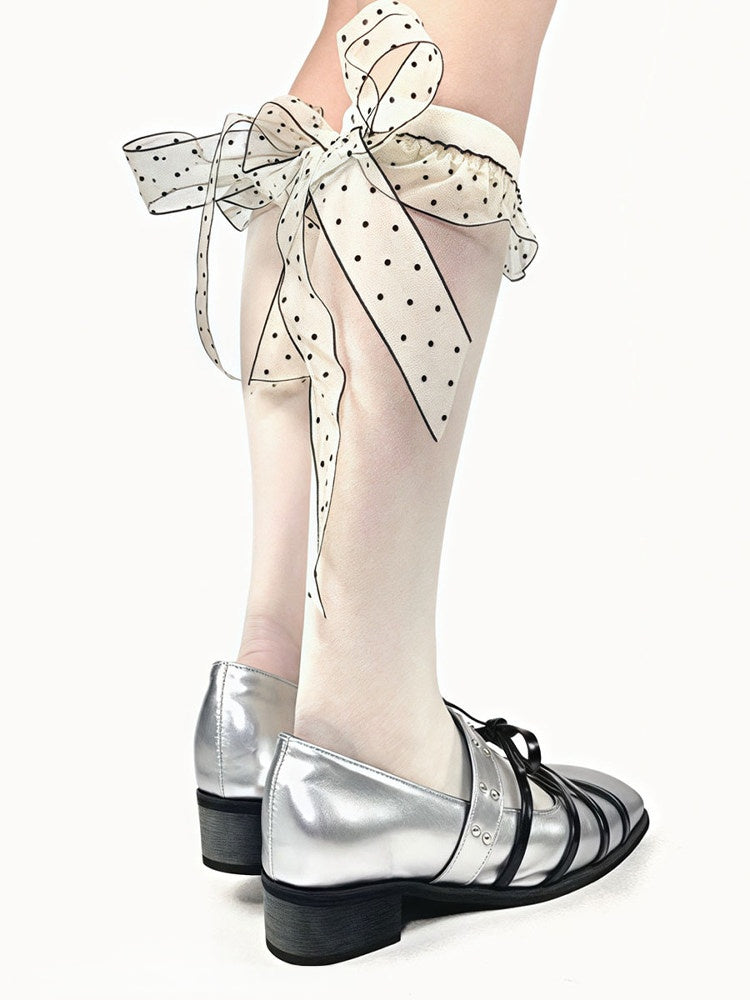 Socks Pattern Polka-dot Calf Straps Creamy White/Black Trim Bowknot with Lace