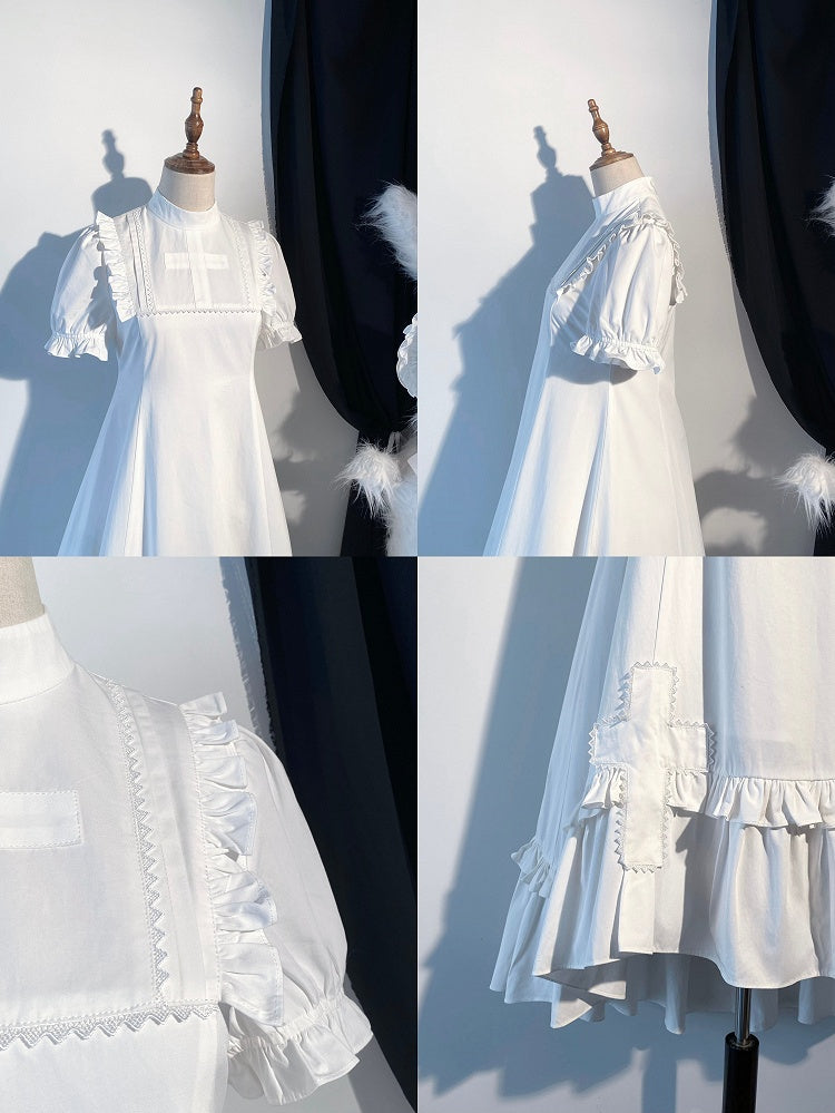 White Gothic Lolita High-Low Ruffled Dress with Cross Patches - Blossom Herald