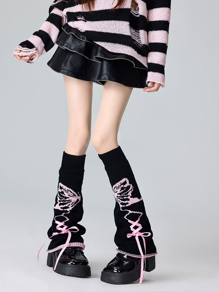 Jambières à lacets avec motif papillon noir et rose/noir et blanc/rose et blanc