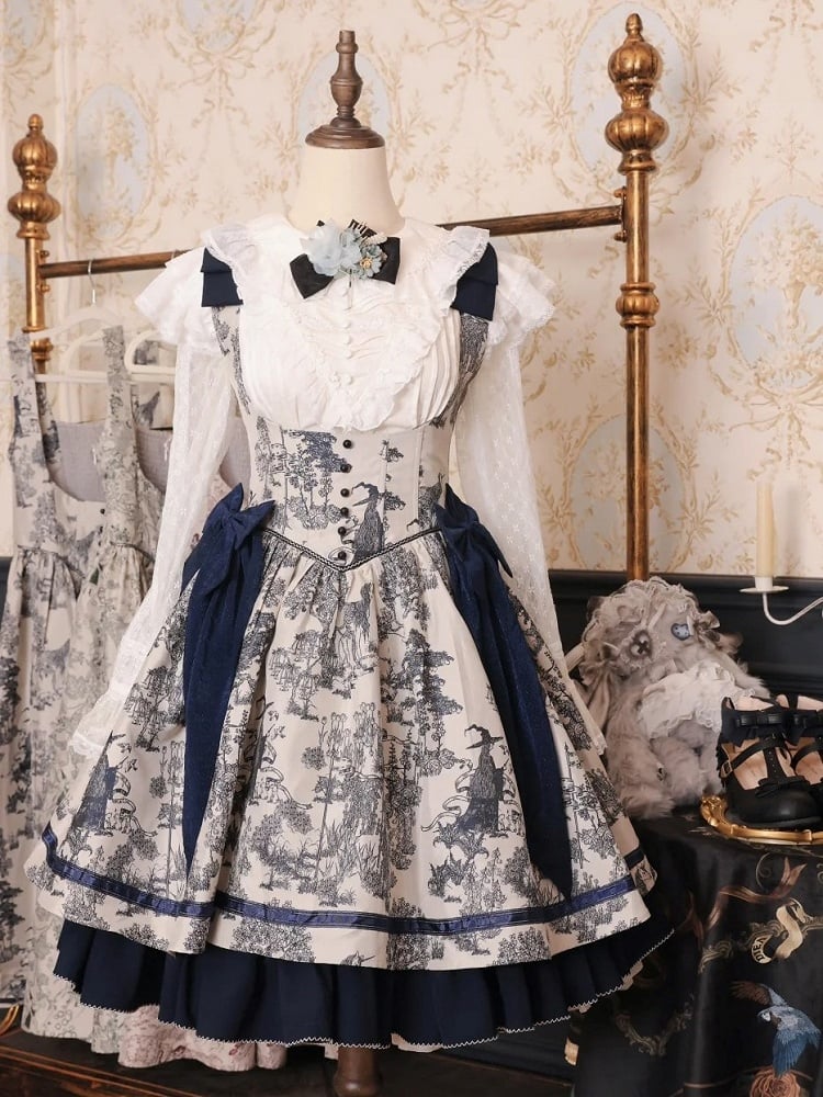 Bust Dark Bowknot Blue Straps Basque Skirt Waist Jumper Lolita Under Shoulder