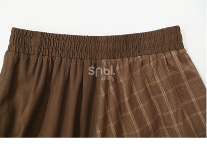 Brown Mori Kei High Waist Patchwork Skirt Lace Trim