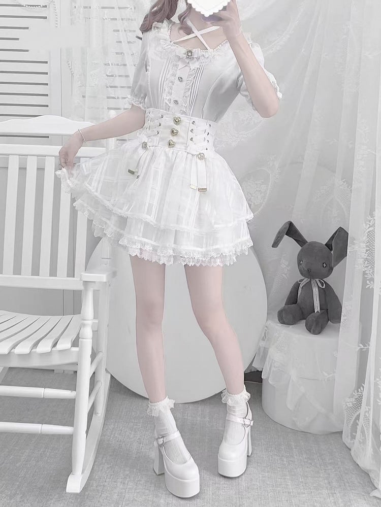 Blouse Halter White Jirai Rhinestones Details Heart-Shaped and Pleating Kei with Criss-cross