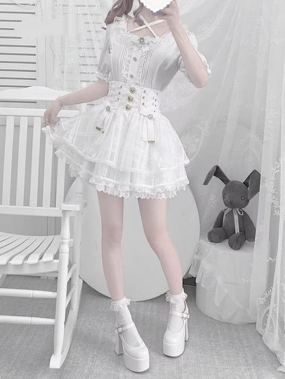 Blouse Halter White Jirai Rhinestones Details Heart-Shaped and Pleating Kei with Criss-cross