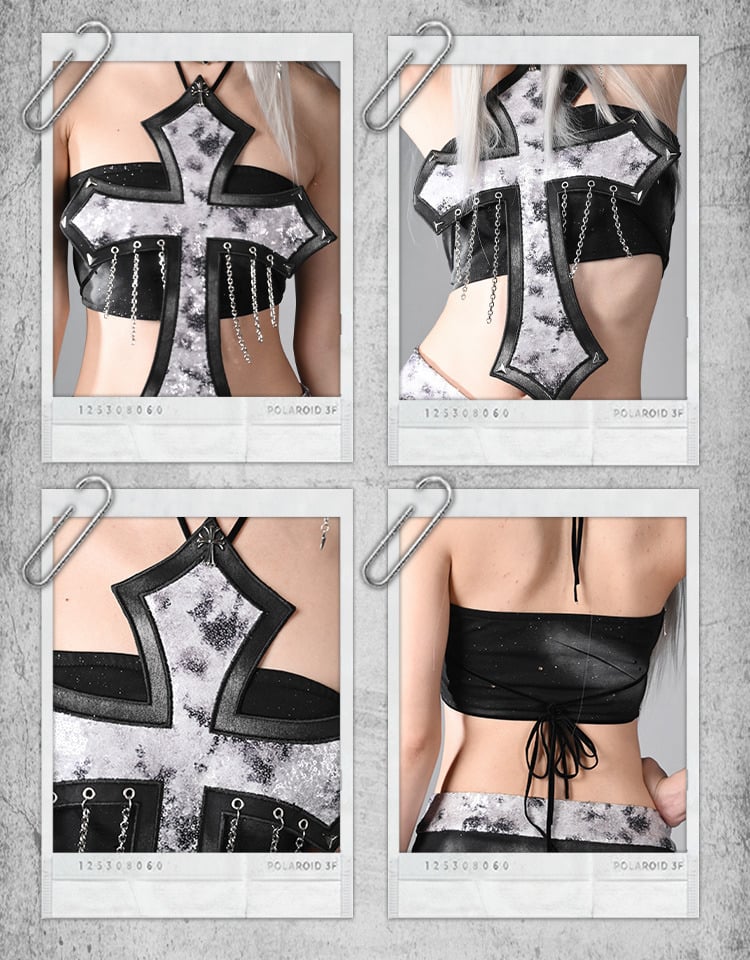 Decorated Cross Strapless Cyberpunk Top Fashion Y3K Chains Futuristic Black  Silver Sequins and