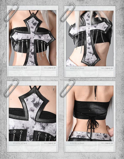 装飾されたクロスストラップレスサイバーパンクトップファッションY3Kチェーン未来的なブラックシルバースパンコールと