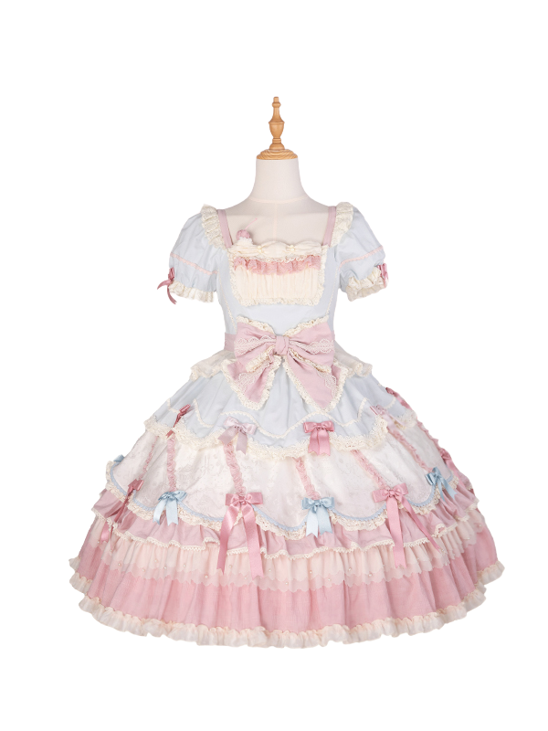 Sweet Blue Details Neckline Lolita Pink Dress Sleeves Square and Bowknot Puff