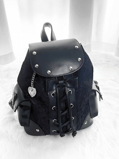 Jirai Kei Backpack with Heart Pendant, Lace Flap, Studs & Bowknot - Miao Lei Dian Bo