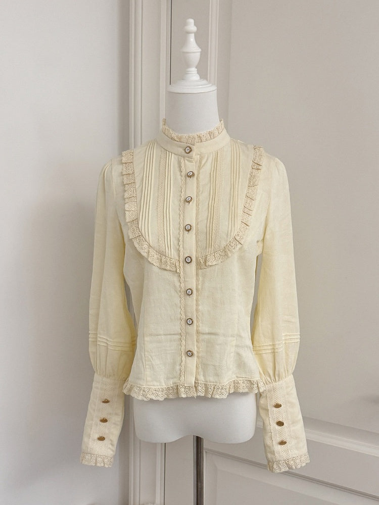 Beige Leg-of-Mutton Sleeves Lace Trim Elegant Blouse - Dream Whale