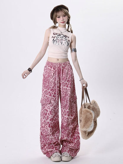 Waist with Cargo Drawstring Pants Print Gyaru Straight-Leg Leopard Pink