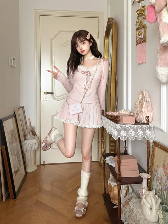 Spitzenstrickrock Rosa Plissierter Minisaum