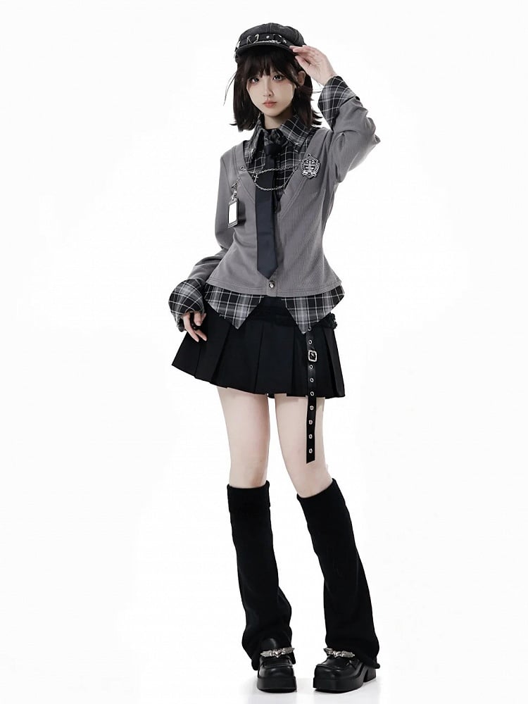 Academic Edgy Shirt Vibes Plaid Two-Piece Effortless Faux Gray –