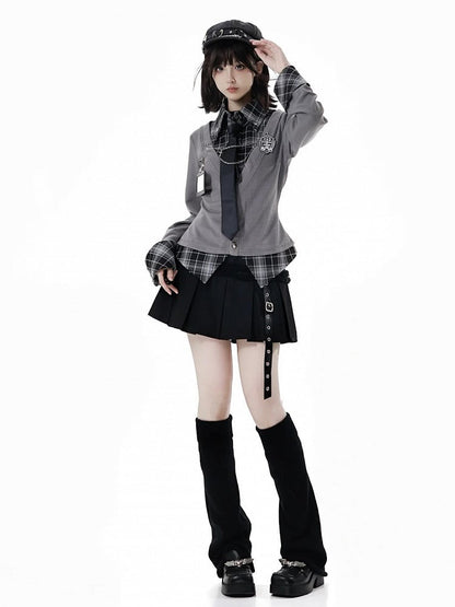 Skirt Box Accents Core Pleat Cross Edgy Black with Metal - Academic Gothic