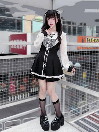 White Set: Jirai Kei Coord with and Collar Black Sailor Matching Nautical Dress Shorts