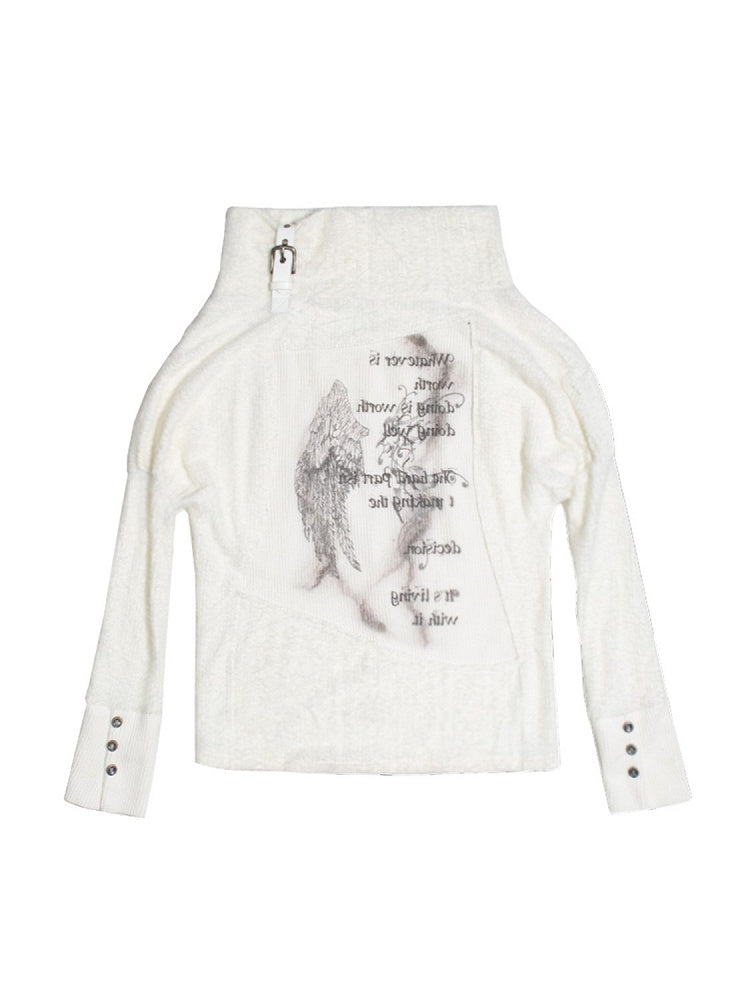 Off-Shoulder Batwing Knit Punk Top Wing Print with White Sleeves