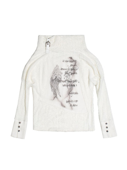 Off-Shoulder Batwing Knit Punk Top Wing Print with White Sleeves