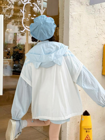 日焼け防止ジャケット 裾フード 猫耳 ブルーカラーブロックデザイン ドローストリングデザイン