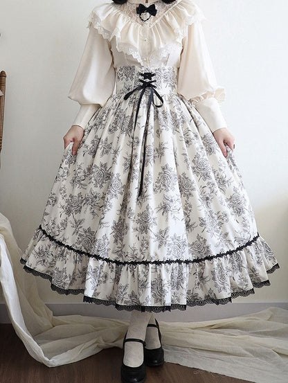 Lace Rosette Print Black Lolita Elegant Waist High with Trim Beige Boned Classic Skirt