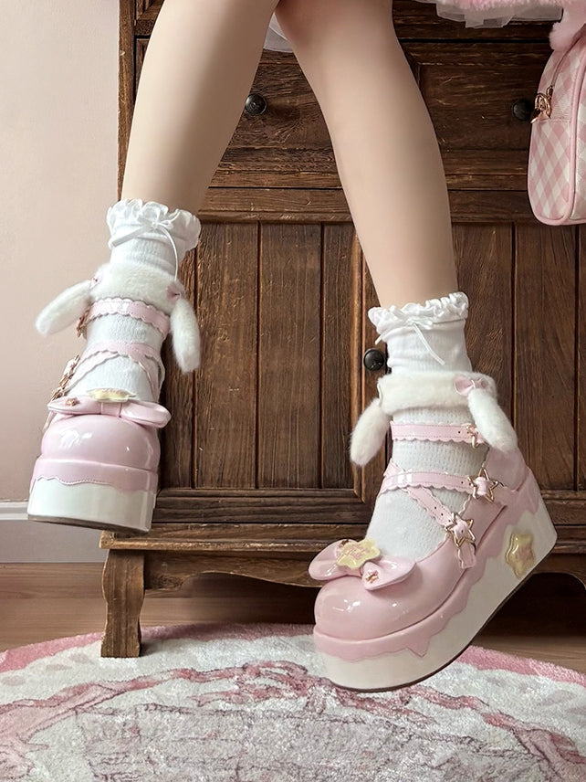 Strap with Pink Lolita - PU Detachable Sweet Puppy Mary Plush Ear Platform Janes Velcro Starry Ankle Theme